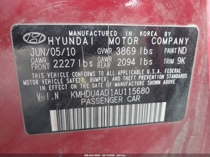 2010 Hyundai Elantra Gls VIN: KMHDU4AD1AU115680 Lot: 44319589