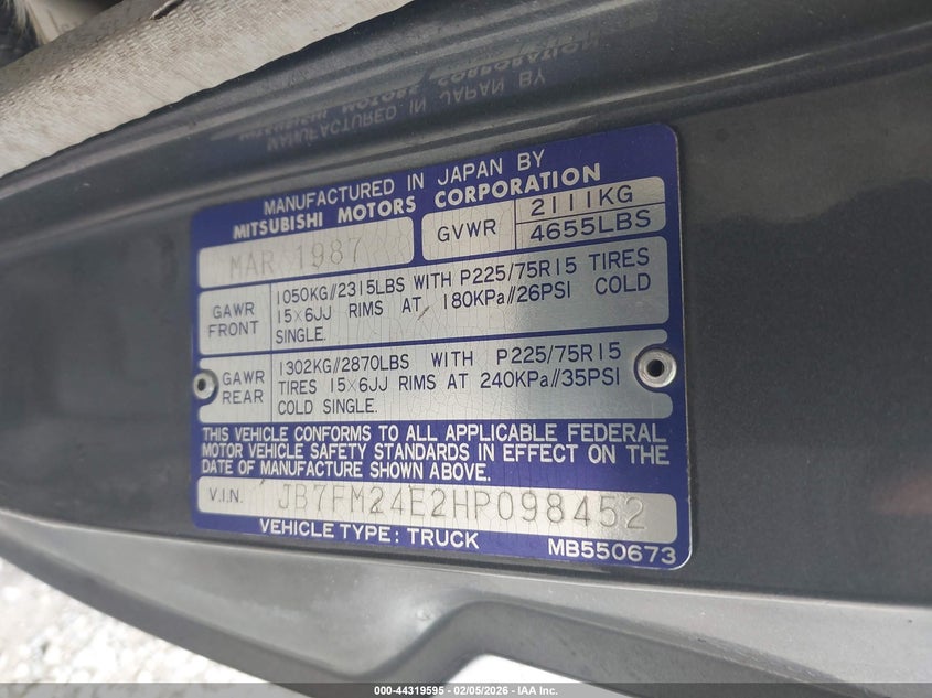 1987 Dodge Ram 50 VIN: JB7FM24E2HP098452 Lot: 44319595