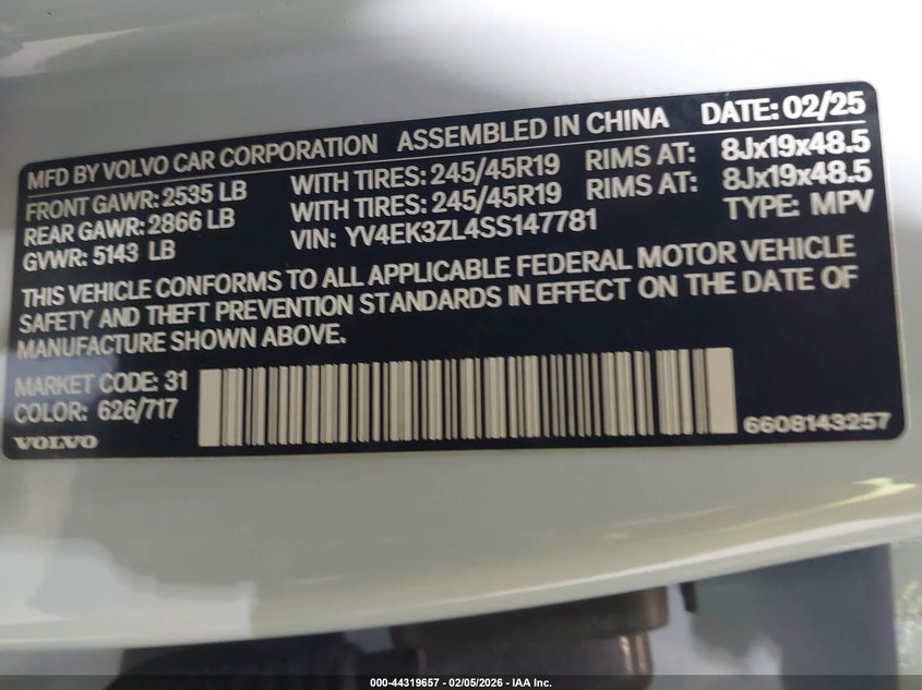2025 Volvo Ex30 Ultra Twin Motor Performance, Fully Electric VIN: YV4EK3ZL4SS147781 Lot: 44319657
