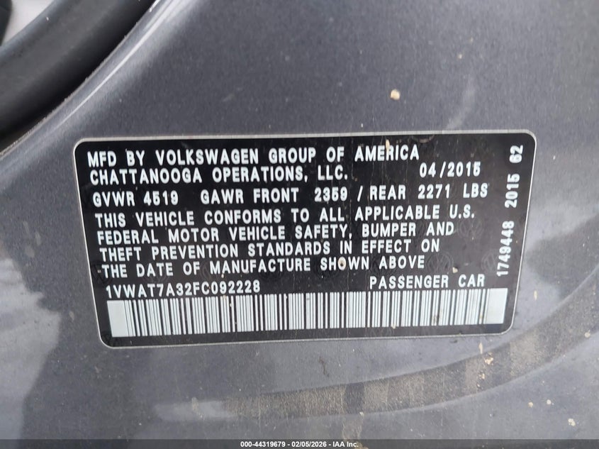 2015 Volkswagen Passat 1.8 1.8T Limited Edition grey Lot 111044319679 Vin 1VWAT7A32FC092228