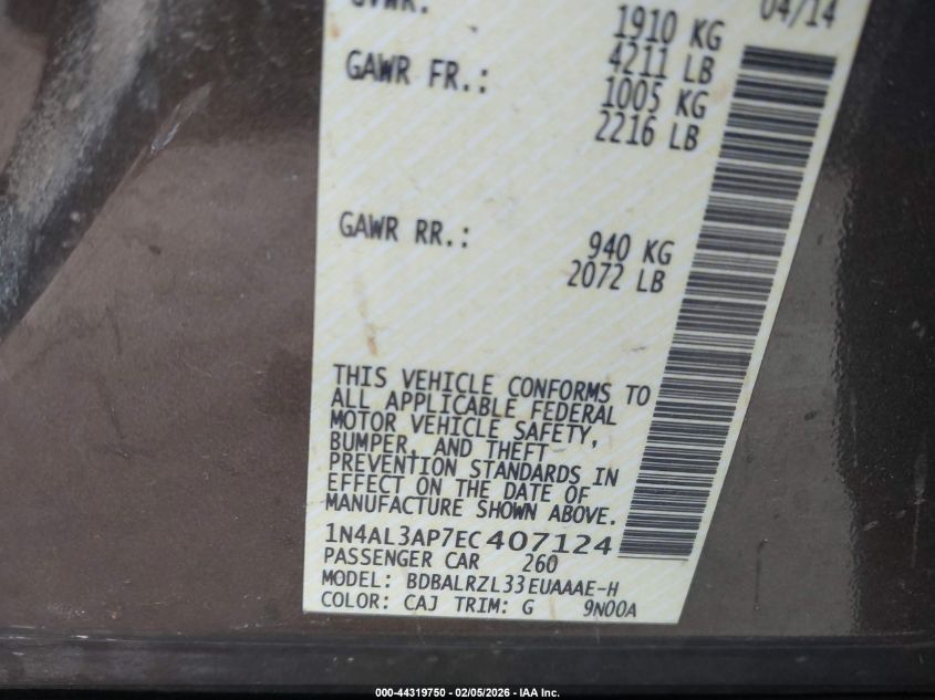 2014 Nissan Altima 2.5 S VIN: 1N4AL3AP7EC407124 Lot: 44319750