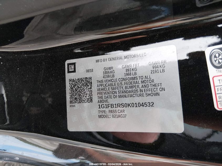 Auction sale of the 2019 CHEVROLET CAMARO , vin: 1G1FB1RS0K0104532, lot number: 44319759