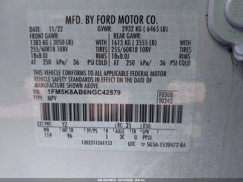 VIN 1FM5K8AB6NGC42879 2022 FORD POLICE INTERCEPTOR UTILITY