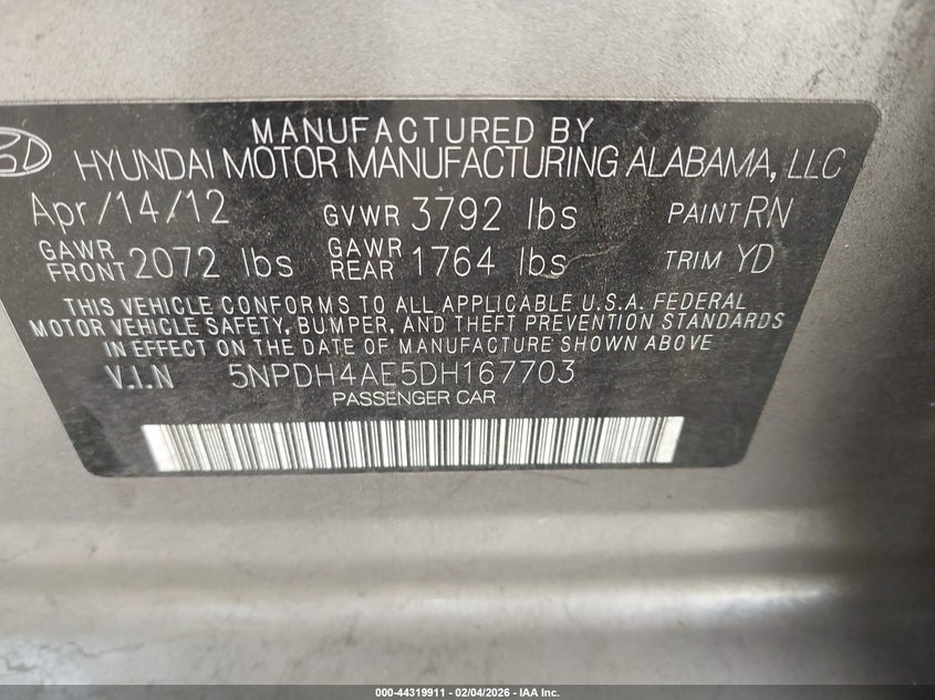 2013 Hyundai Elantra Gls/Limited VIN: 5NPDH4AE5DH167703 Lot: 44319911