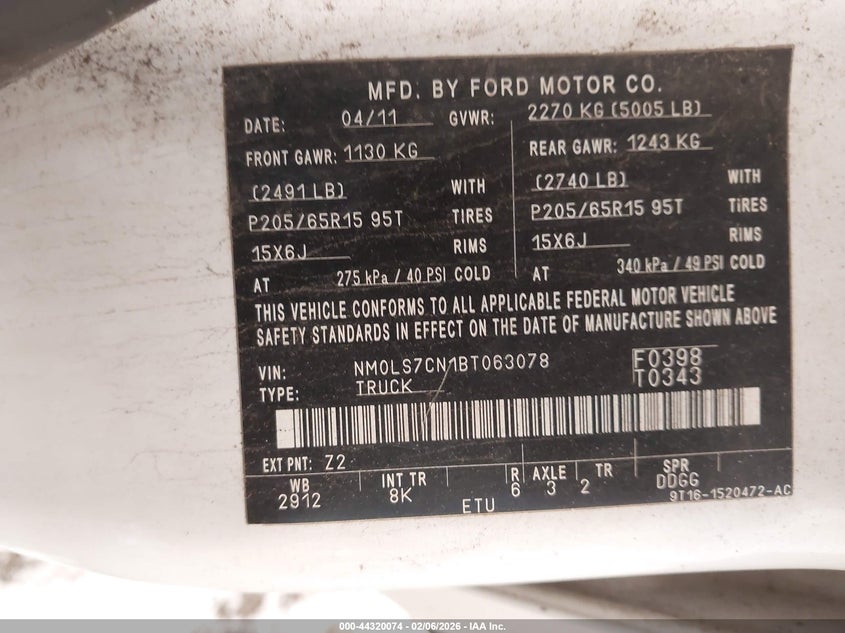 2011 Ford Transit Connect Xl VIN: NM0LS7CN1BT063078 Lot: 44320074