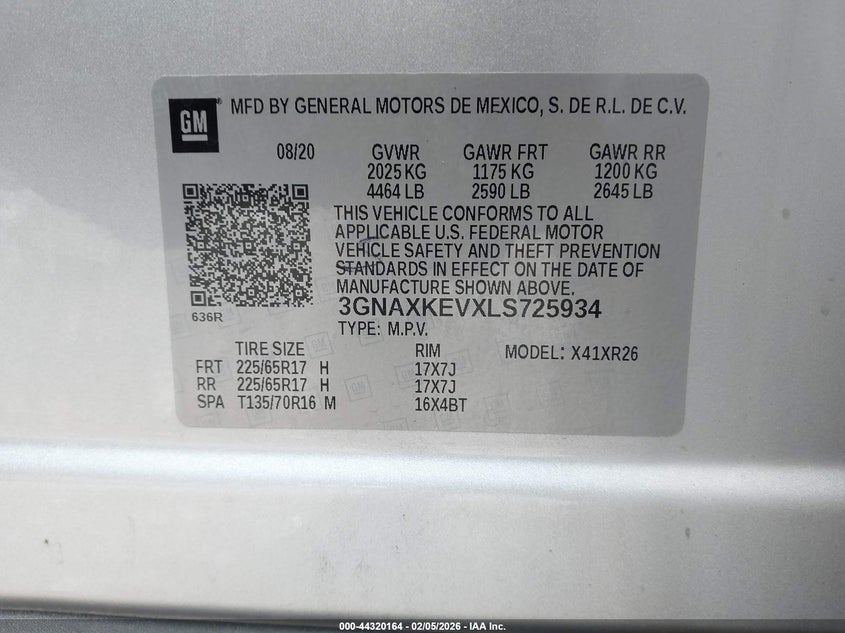 VIN 3GNAXKEVXLS725934 2020 CHEVROLET EQUINOX FWD LT 1.5L TURBO