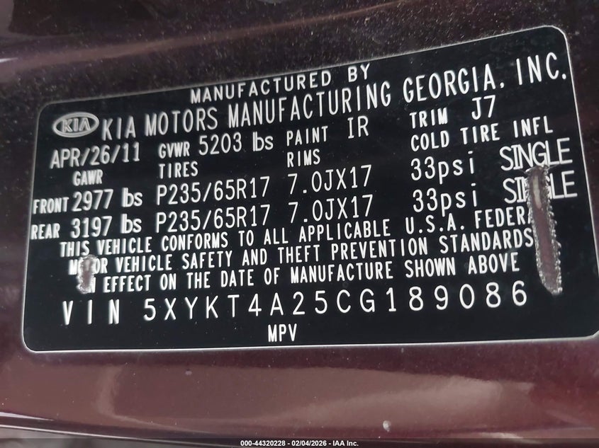 2012 Kia Sorento Lx V6 VIN: 5XYKT4A25CG189086 Lot: 44320228