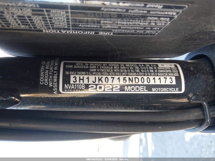 2022 Honda Nva110 B VIN: 3H1JK0715ND001173 Lot: 44320232