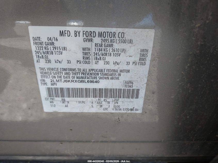 2016 Lincoln Mkx Select VIN: 2LMTJ6KRXGBL69840 Lot: 44320248