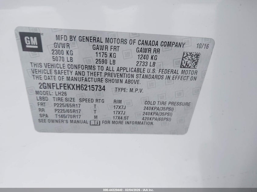 VIN 2GNFLFEKXH6215734 2017 CHEVROLET EQUINOX LT