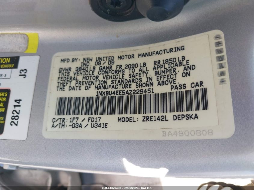 2010 Toyota Corolla S VIN: 1NXBU4EE5AZ229451 Lot: 44320468