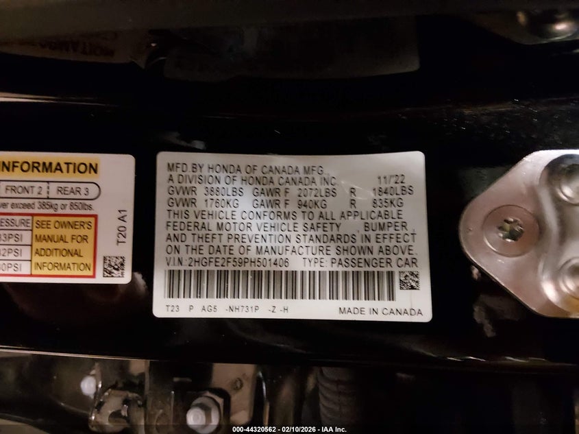 VIN 2HGFE2F59PH501406 2023 HONDA CIVIC SPORT