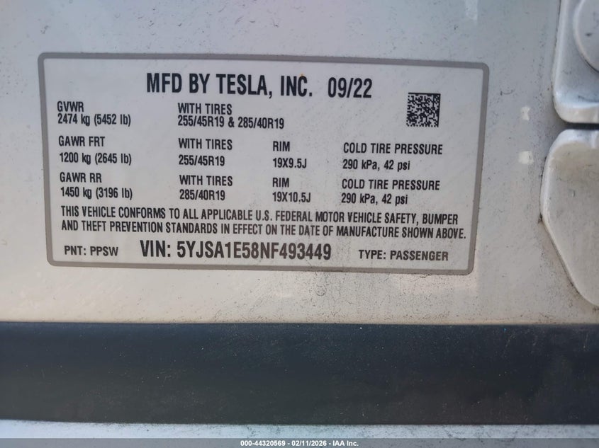 2022 Tesla Model S Dual Motor All-Wheel Drive VIN: 5YJSA1E58NF493449 Lot: 44320569