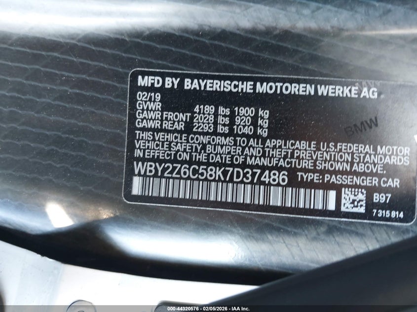 2019 BMW I8 VIN: WBY2Z6C58K7D37486 Lot: 44320576