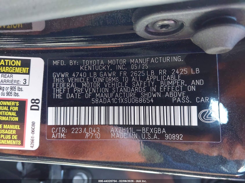 LEXUS ES 300H 2025 VIN 58ADA1C1XSU068654