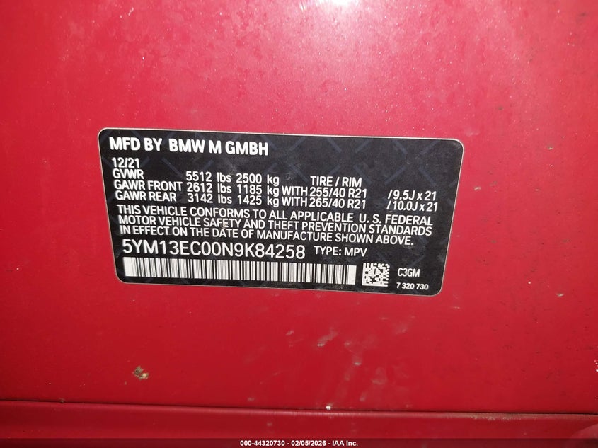 2022 BMW X3 M VIN: 5YM13EC00N9K84258 Lot: 44320730
