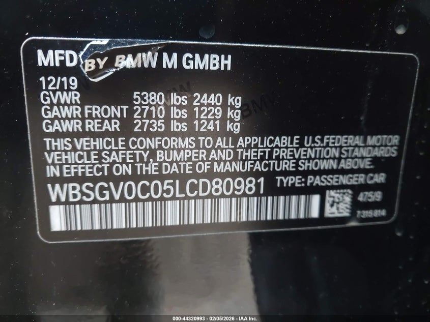 2020 BMW M8 Gran Coupe VIN: WBSGV0C05LCD80981 Lot: 44320993