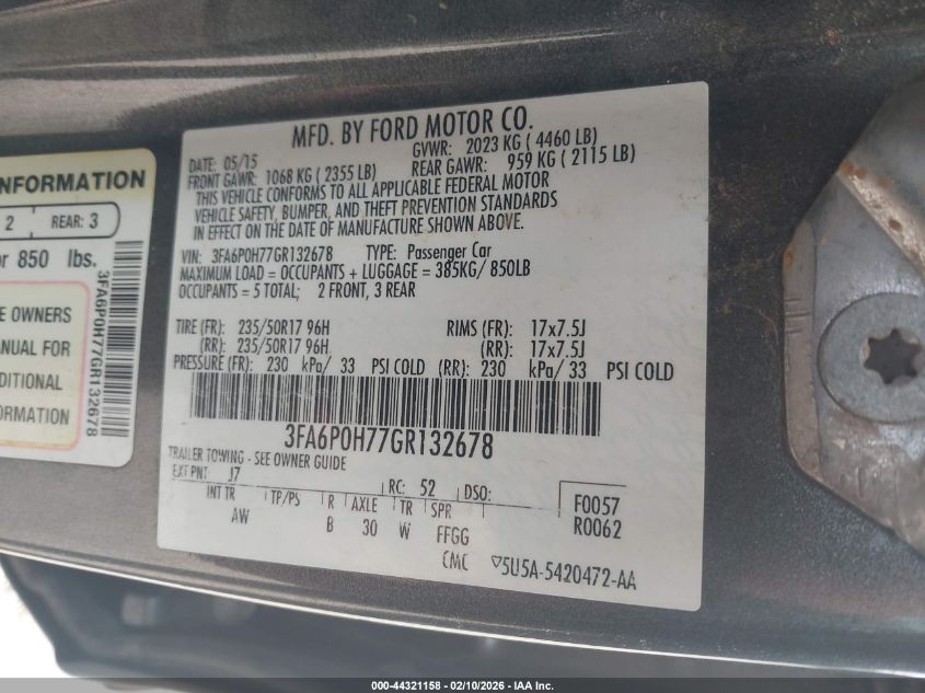 2016 Ford Fusion Se VIN: 3FA6P0H77GR132678 Lot: 44321158