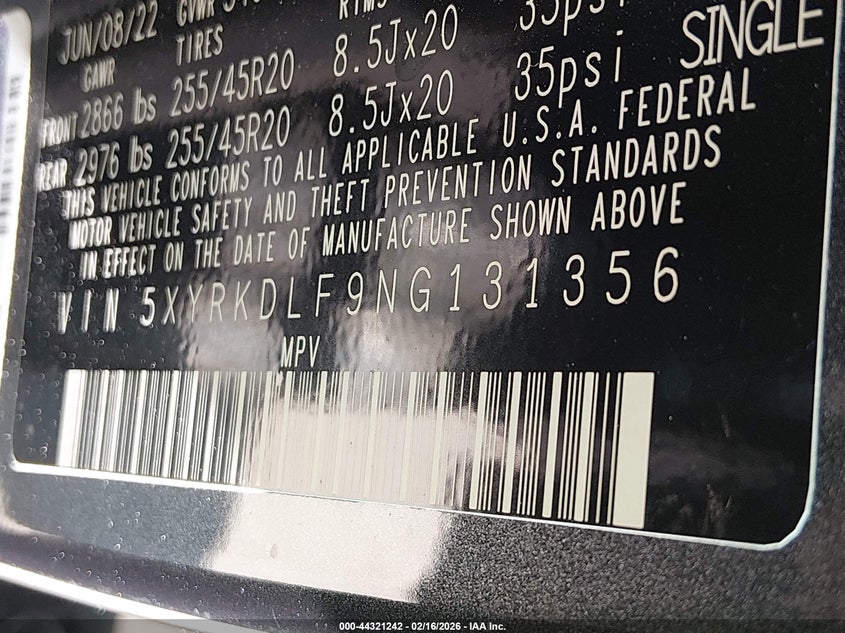 2022 Kia Sorento Sx VIN: 5XYRKDLF9NG131356 Lot: 44321242