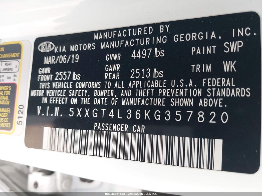 2019 Kia Optima Lx VIN: 5XXGT4L36KG357820 Lot: 44321583