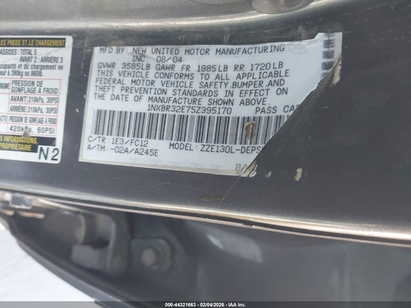 2005 Toyota Corolla S VIN: 1NXBR32E75Z395170 Lot: 44321663