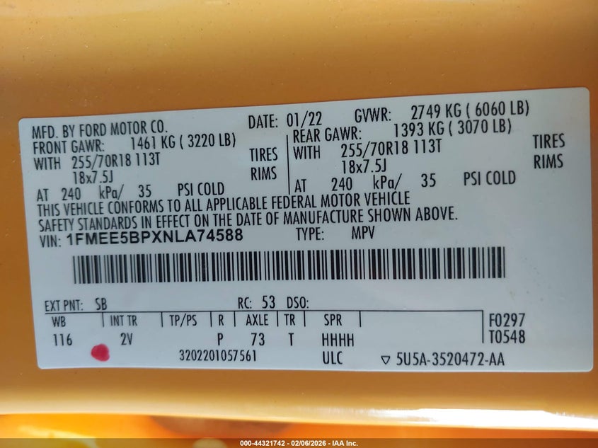 2022 Ford Bronco Outer Banks VIN: 1FMEE5BPXNLA74588 Lot: 44321742