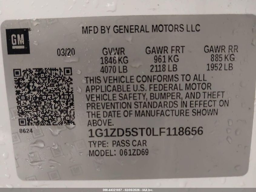 2020 Chevrolet Malibu Fwd Lt VIN: 1G1ZD5ST0LF118656 Lot: 44321857