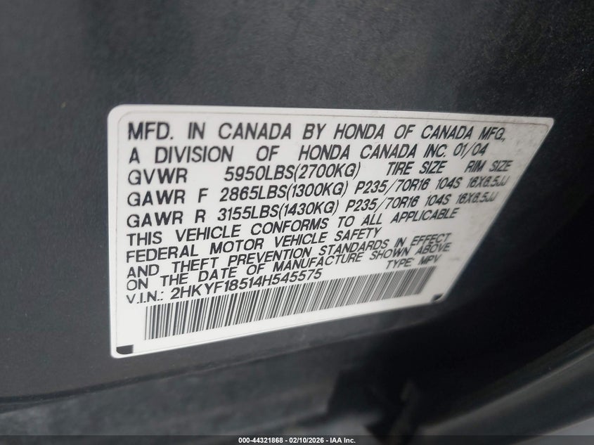 2004 Honda Pilot Ex-L VIN: 2HKYF18514H545575 Lot: 44321868