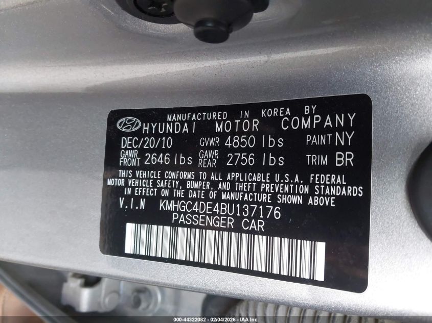 2011 Hyundai Genesis 3.8 VIN: KMHGC4DE4BU137176 Lot: 44322082