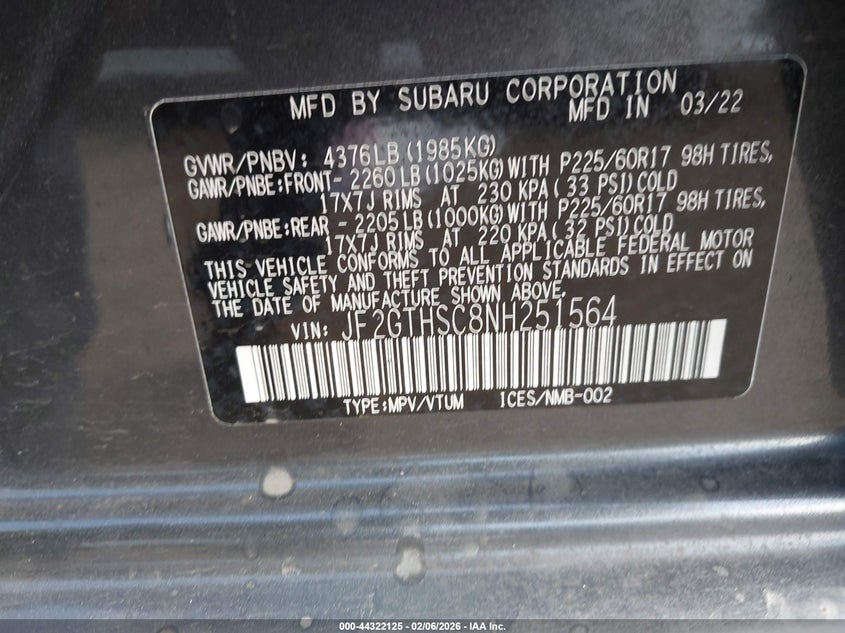 2022 Subaru Crosstrek Sport VIN: JF2GTHSC8NH251564 Lot: 44322125