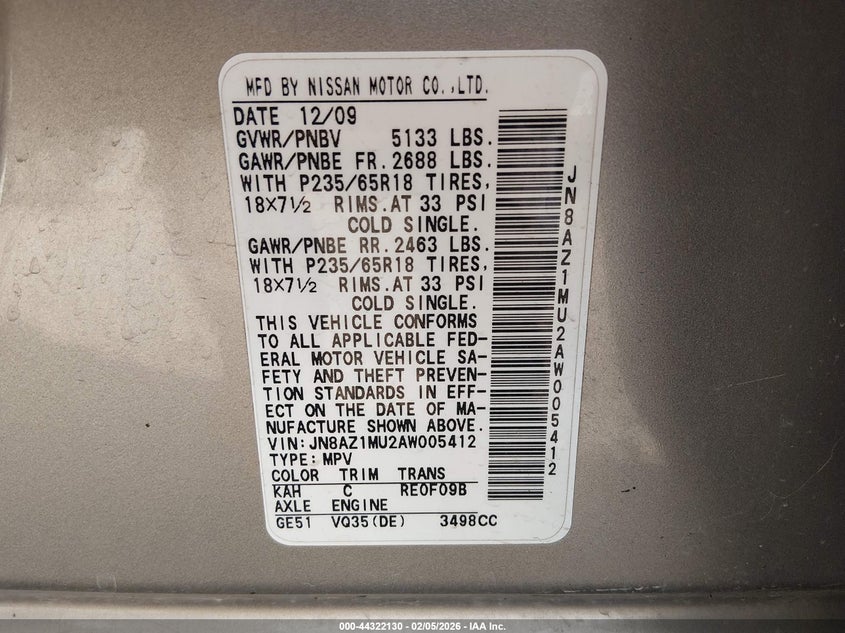 2010 Nissan Murano Sl VIN: JN8AZ1MU2AW005412 Lot: 44322130