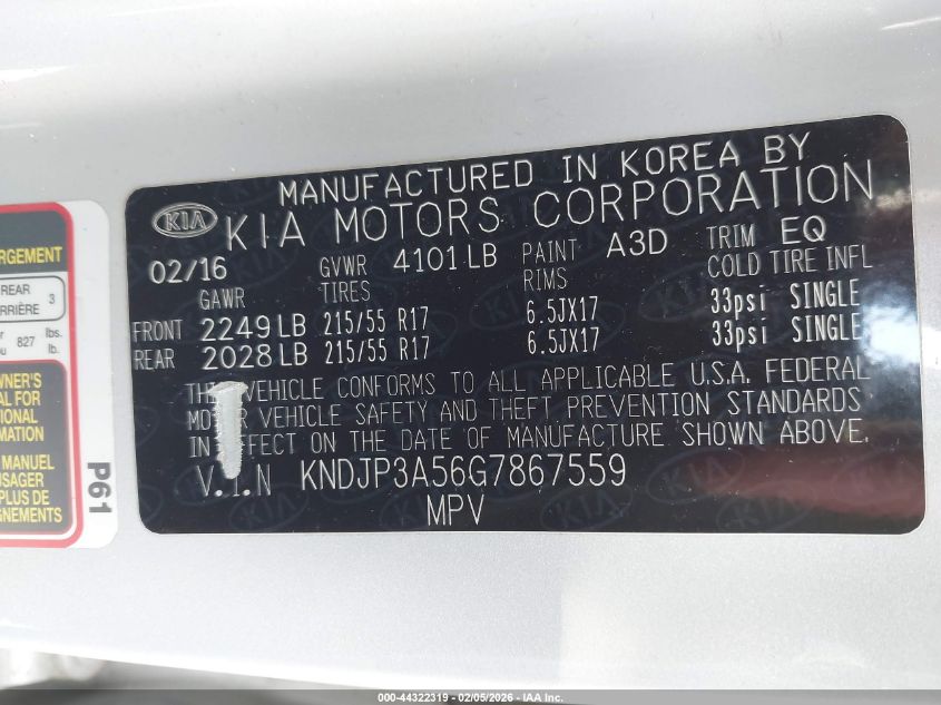 2016 Kia Soul + VIN: KNDJP3A56G7867559 Lot: 44322319