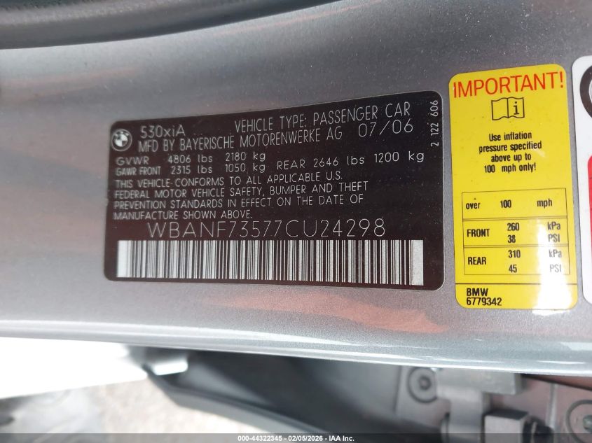 2007 BMW 530Xi VIN: WBANF73577CU24298 Lot: 44322345