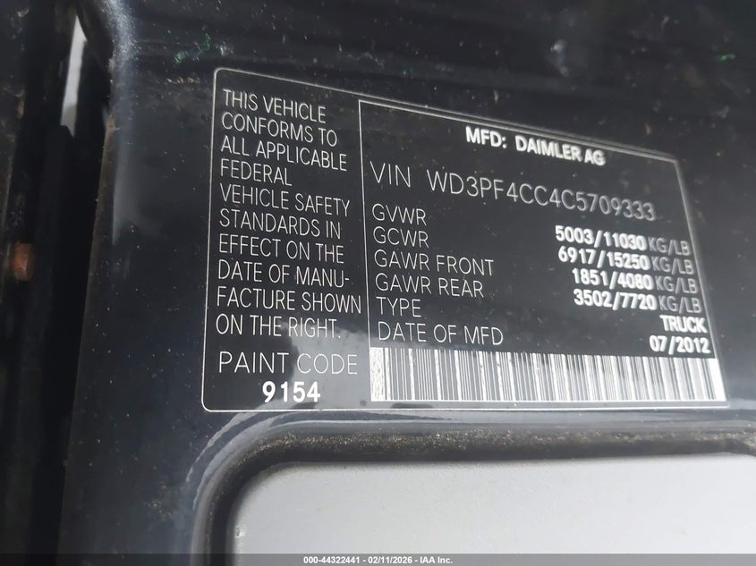 2012 Mercedes-benz Sprinter 3500 High Roof Other Lot 111044322441 Vin WD3PF4CC4C5709333