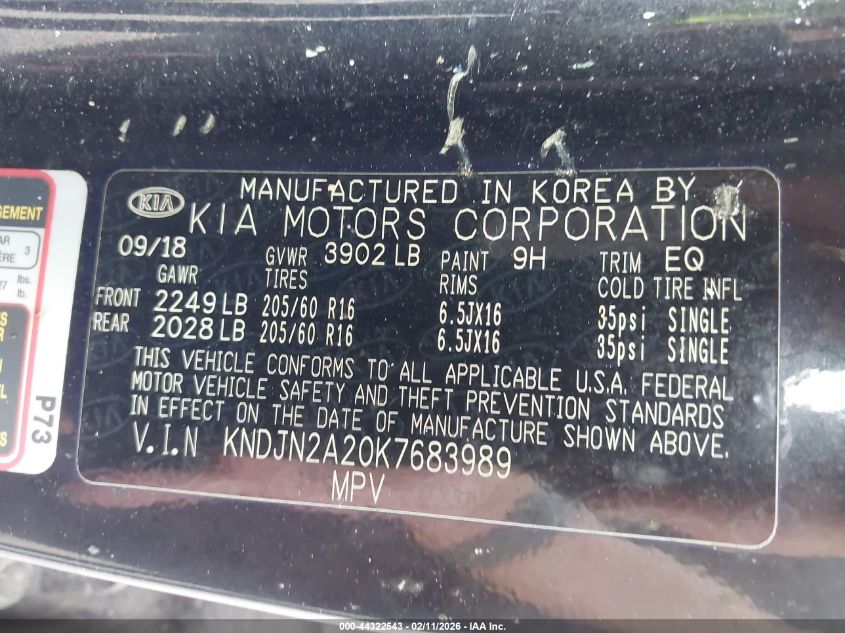 2019 Kia Soul VIN: KNDJN2A20K7683989 Lot: 44322543