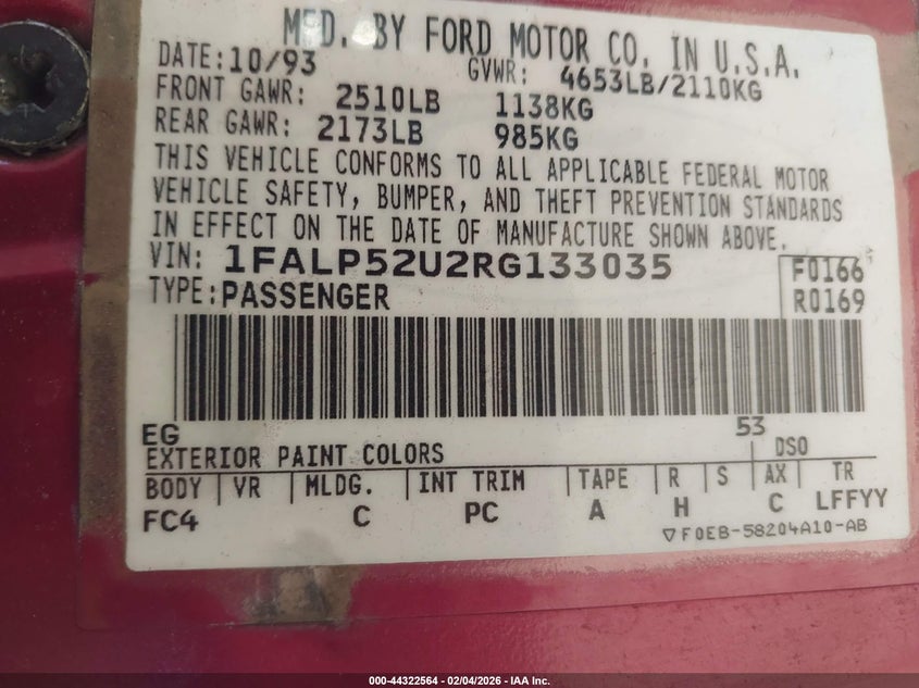 1994 Ford Taurus Gl VIN: 1FALP52U2RG133035 Lot: 44322564