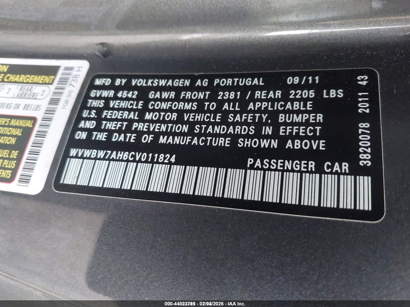 2012 Volkswagen Eos Komfort VIN: WVWBW7AH6CV011824 Lot: 44322795