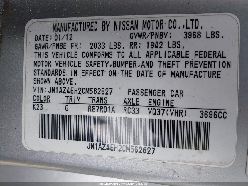 2012 Nissan 370Z Touring VIN: JN1AZ4EH2CM562627 Lot: 44322921
