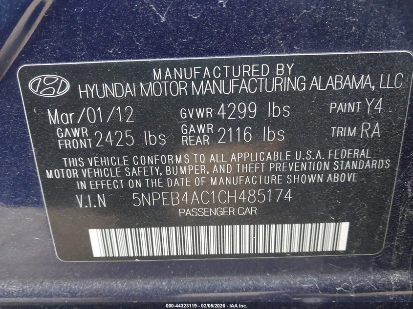 2012 Hyundai Sonata 2.4 Gls blue Lot 111044323119 Vin 5NPEB4AC1CH485174