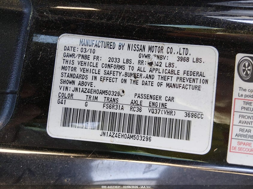 2010 Nissan 370Z Touring VIN: JN1AZ4EH0AM503296 Lot: 44323531