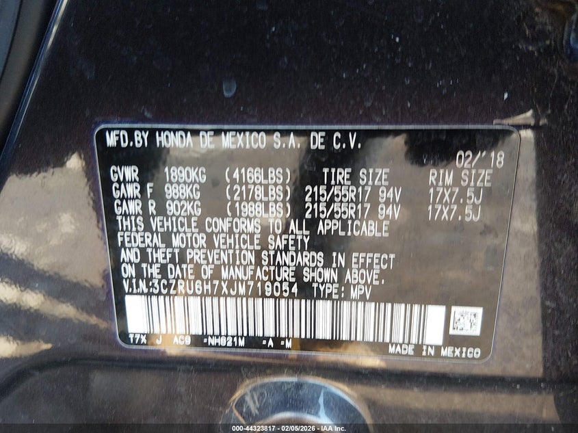 VIN 3CZRU6H7XJM719054 2018 HONDA HR-V EX-L