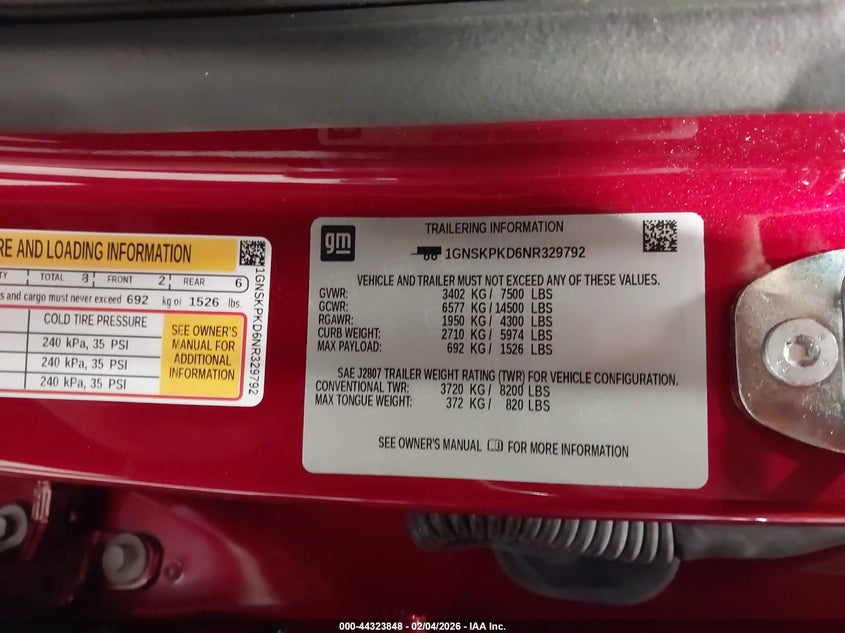 2022 Chevrolet Tahoe 4Wd Z71 VIN: 1GNSKPKD6NR329792 Lot: 44323848