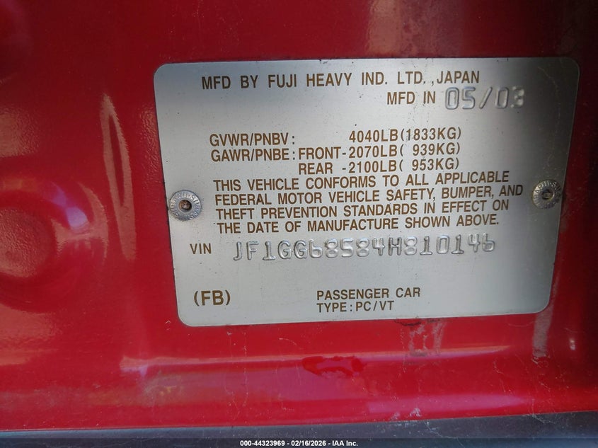 2004 Subaru Impreza Outback Sport VIN: JF1GG68584H810146 Lot: 44323969