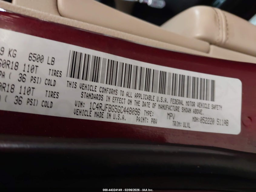 2016 Jeep Grand Cherokee Limited VIN: 1C4RJFBG5GC448096 Lot: 44324149