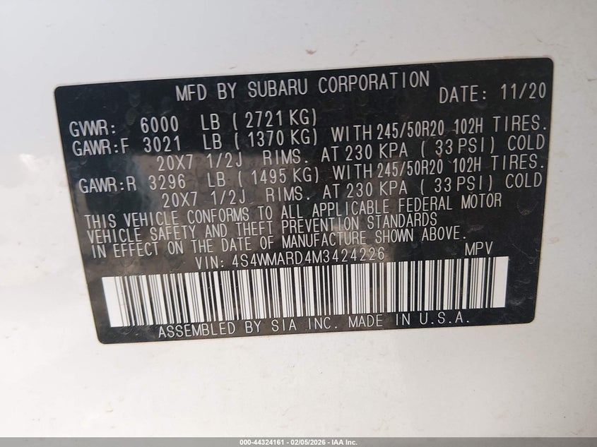 2021 Subaru Ascent Touring VIN: 4S4WMARD4M3424226 Lot: 44324161