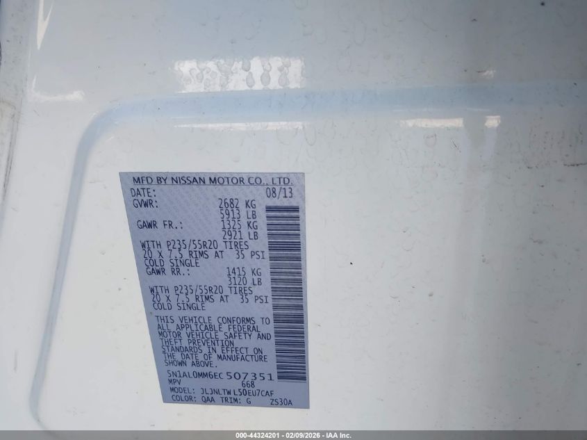 2014 Infiniti Qx60 VIN: 5N1AL0MM6EC507351 Lot: 44324201