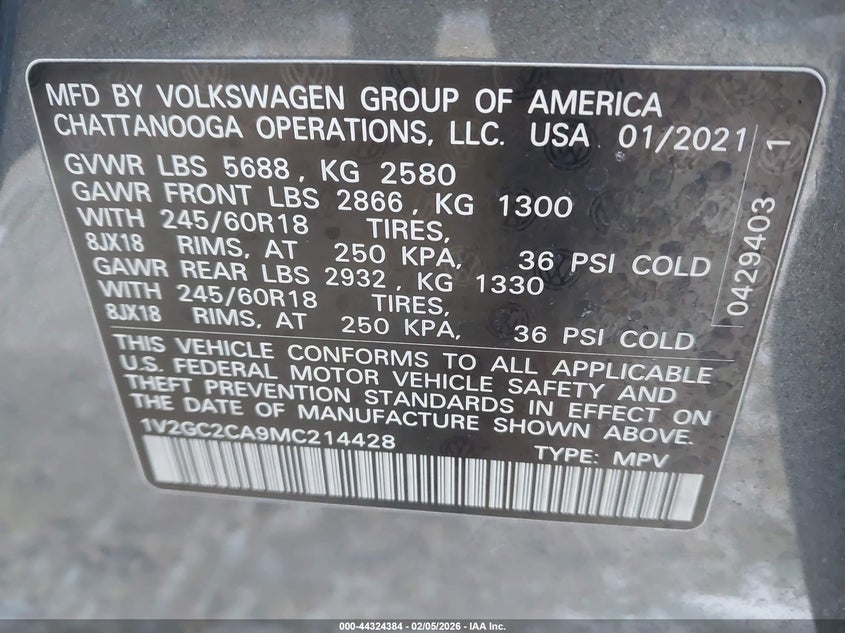 2021 Volkswagen Atlas Cross Sport 2.0T S VIN: 1V2GC2CA9MC214428 Lot: 44324384
