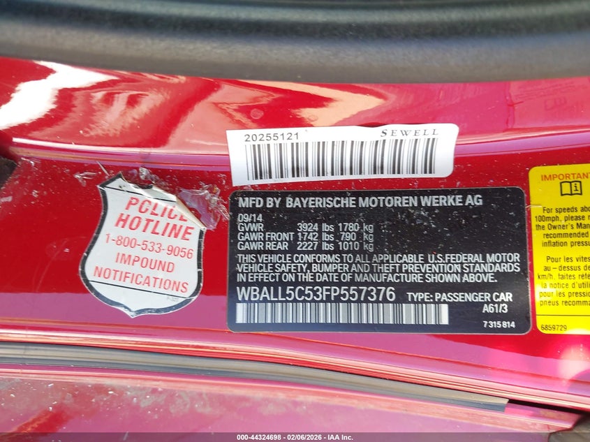 2015 BMW Z4 Sdrive28I VIN: WBALL5C53FP557376 Lot: 44324698