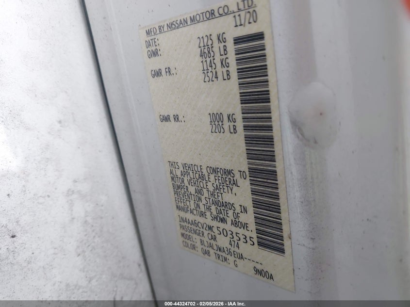 2021 Nissan Maxima Sv Xtronic Cvt VIN: 1N4AA6CV2MC503535 Lot: 44324702