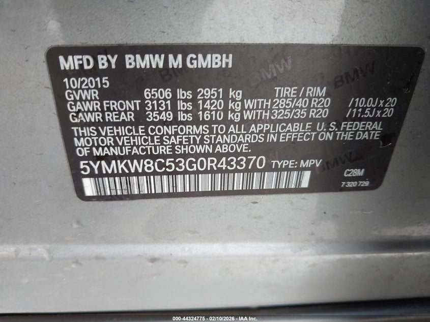 2016 BMW X6 M VIN: 5YMKW8C53G0R43370 Lot: 44324775